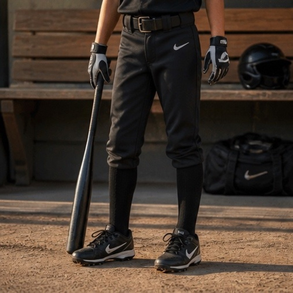 Nike Boys Baseball Pants Black Athletic Swoosh Logo Double Snap Waist Kids‎ - Picture 2 of 9